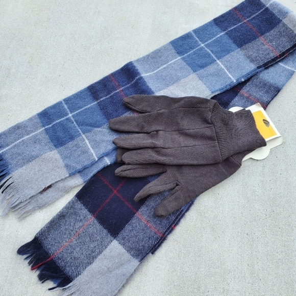Blue Plaid Scarf and Charcoal Grey Gloves Men's - Picture 3 of 5